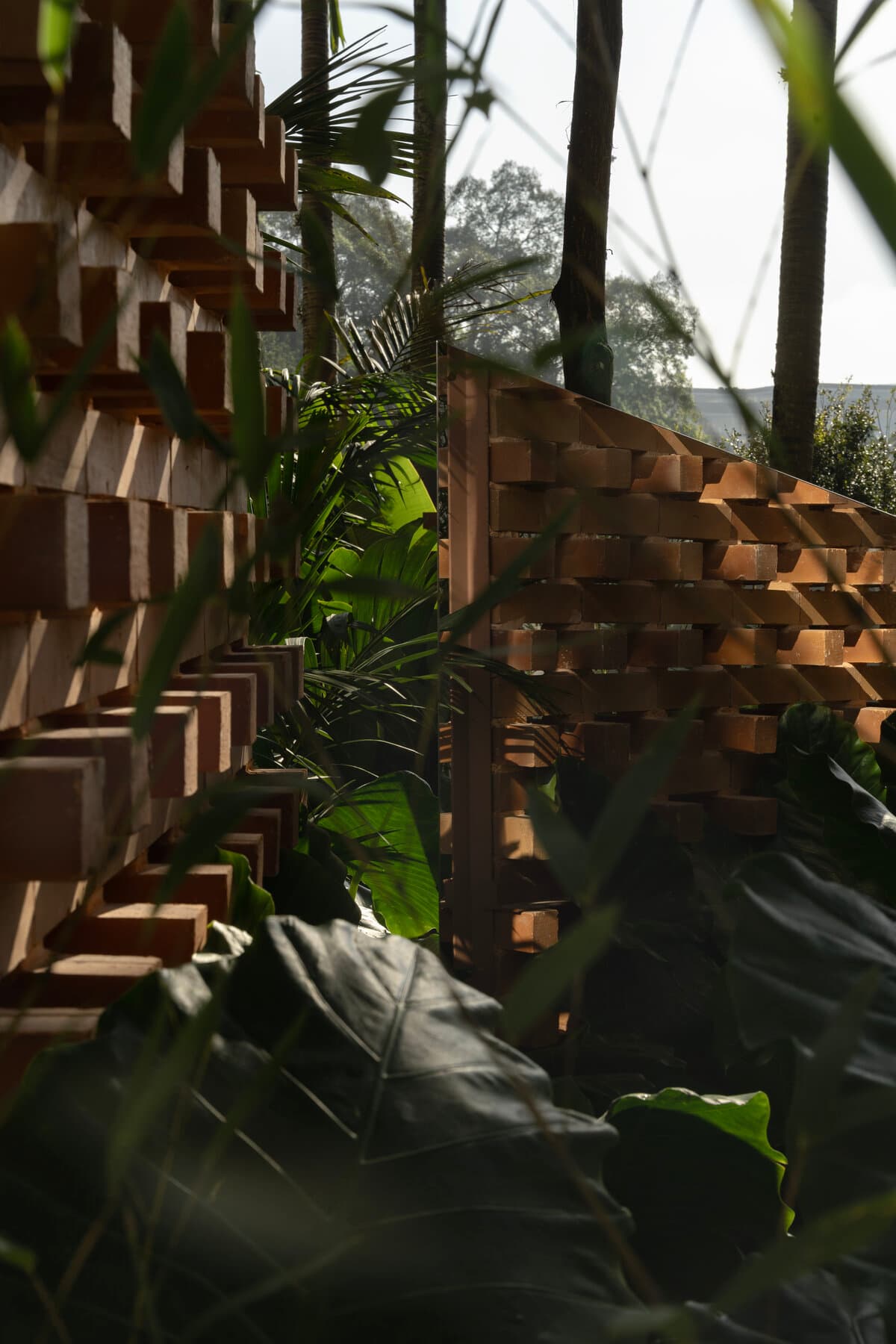 Detalhe de parede vazada em tijolos emoldurando um jardim tropical — projeto MUSGO